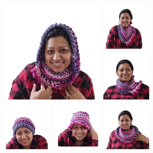 8-way Crochet Scarf Chuncky Cupcakes Blackberry Sorbet Color Winter handmade - Picture 1 of 17